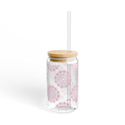 Light Pink Mandala Sippy Cup, Sipper Jar with Lid, 16oz, To - go Cup, Take Away Mug, Durable, BPA Free and FDA certified, Sipper GlassSush Dopamine Decor