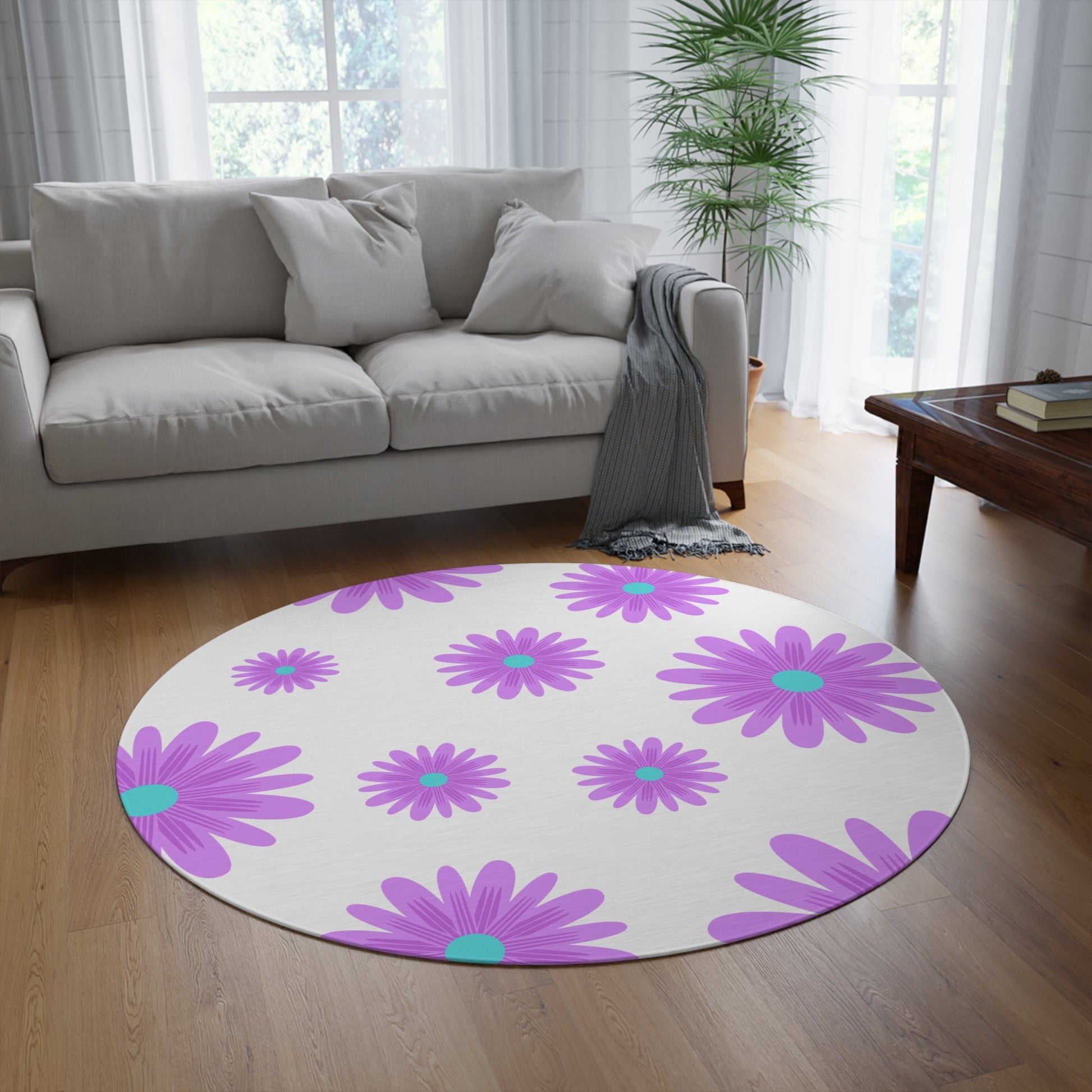 Purple and White Floral Print Round Rug |Home DecorSush Dopamine Decor