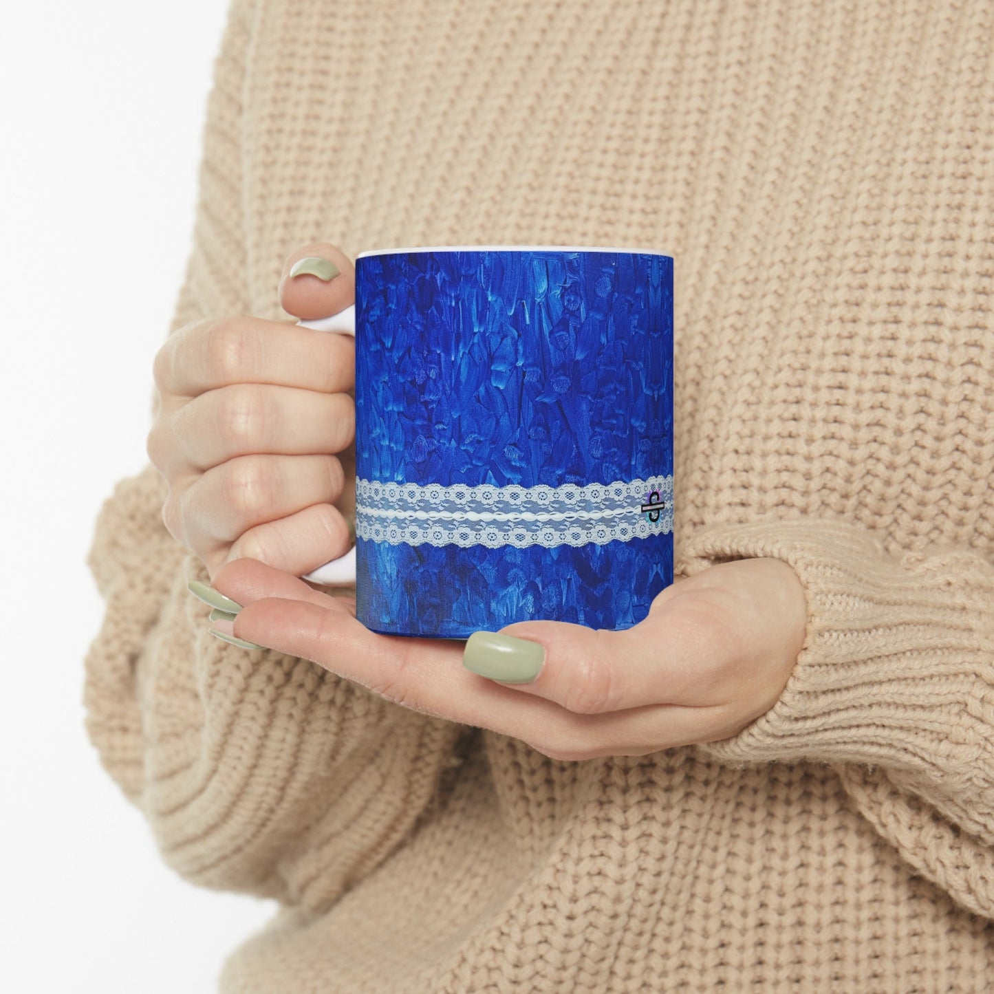 Royal blue Mug, white lace designSush Dopamine Decor