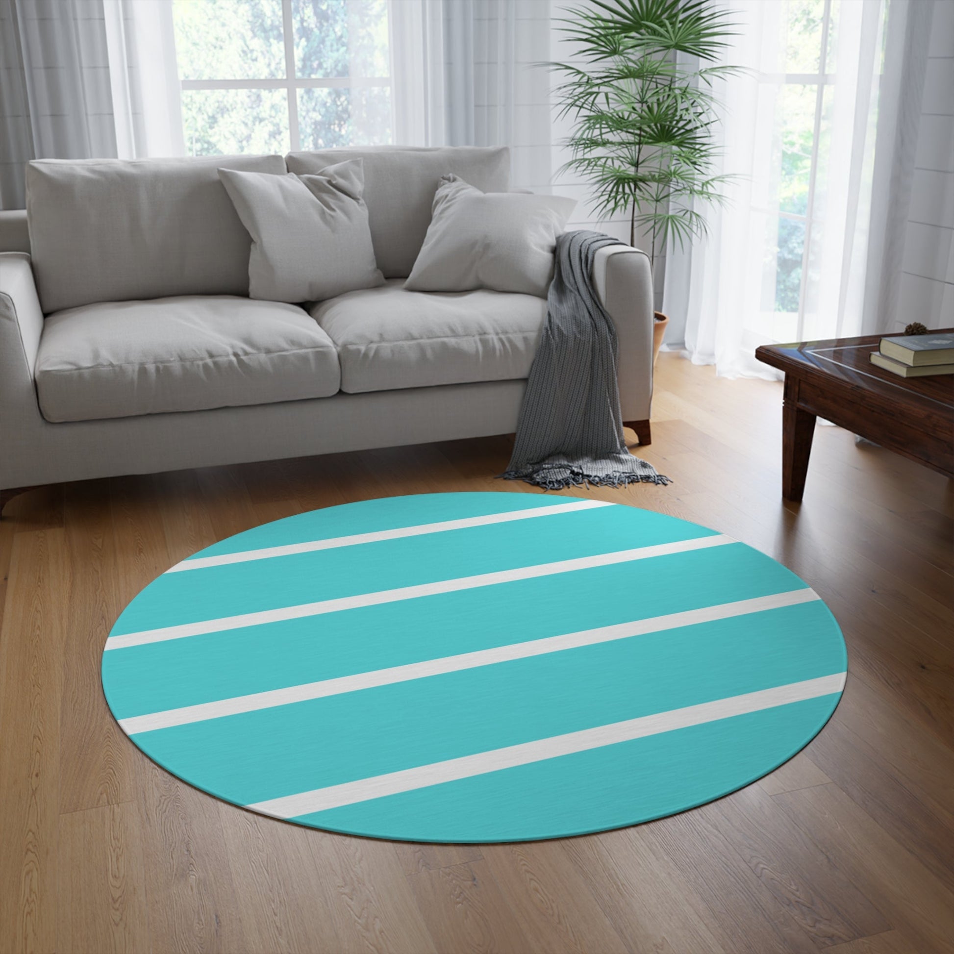 Sea Blue and White Striped Round Rug | Home DecorSush Dopamine Decor