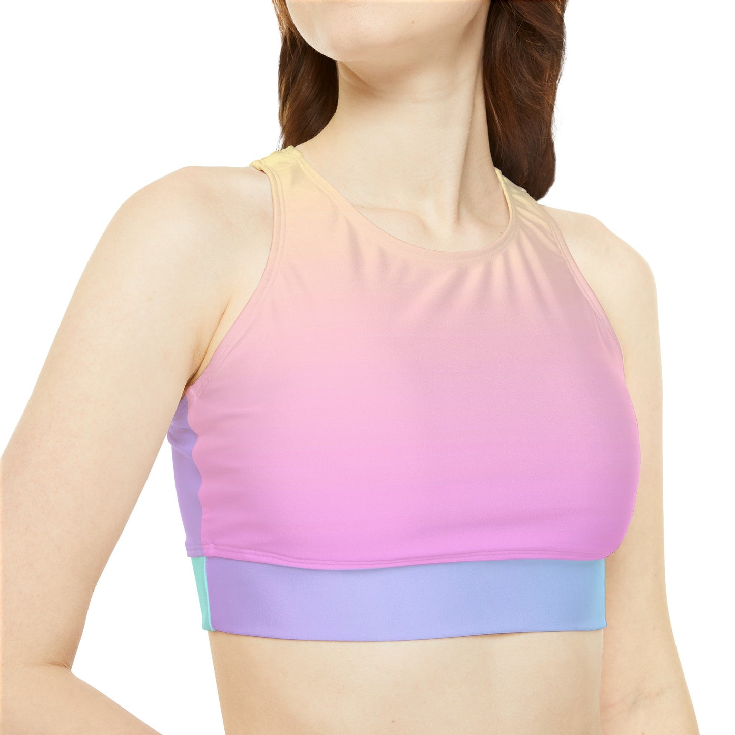 Unique Pink, Cream, Blue Crop Top (AOP), High Neck Bikini Top, Stretchy Fabric, Removable cups, Durable Material, Under - bust band for ApparelsSush Dopamine Decor