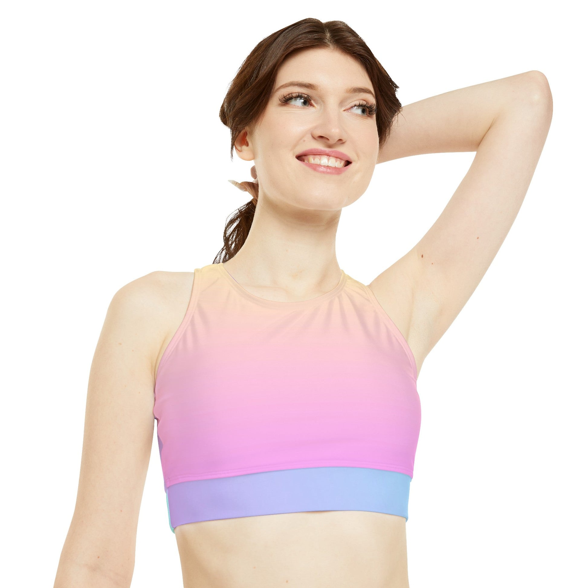 Unique Pink, Cream, Blue Crop Top (AOP), High Neck Bikini Top, Stretchy Fabric, Removable cups, Durable Material, Under - bust band for ApparelsSush Dopamine Decor