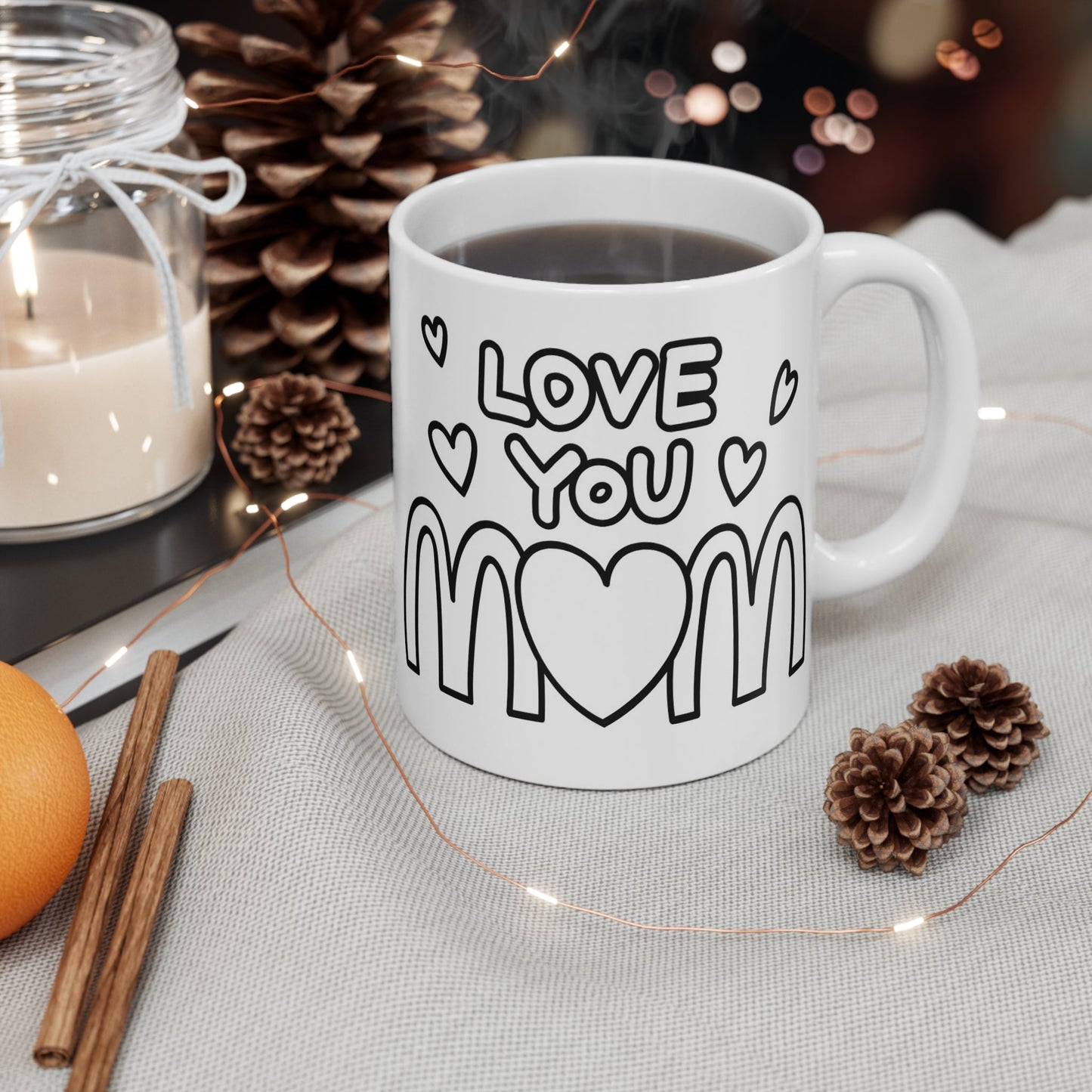 White mug with "Love you mom" Black print, Coffee Mug 11oz, Mother's Day Gift, Cute Gift for MomSush Dopamine Decor